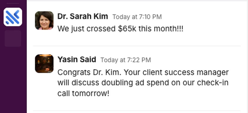 Dr. Sarah Kim: we just crossed $65k this month.