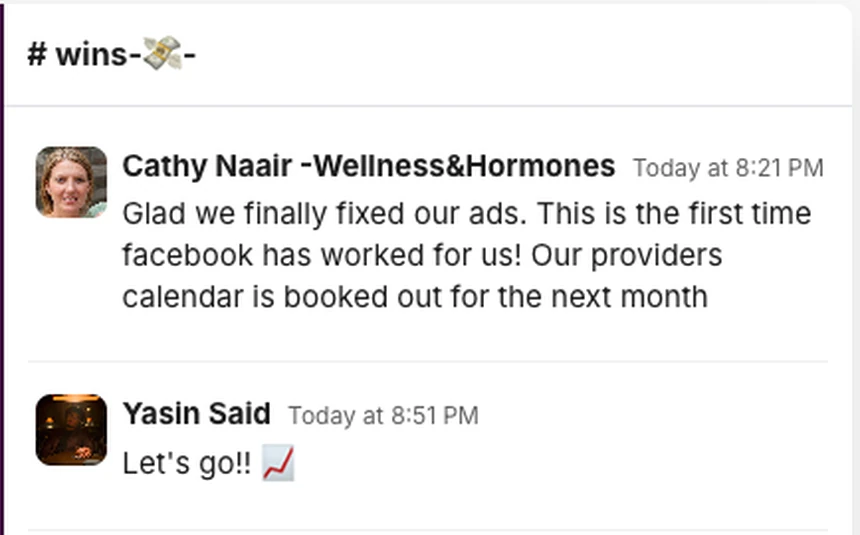 Cathy Naair, Wellness & Hormones: first time Facebook has worked for us — our providers' calendar is booked out for the next month.